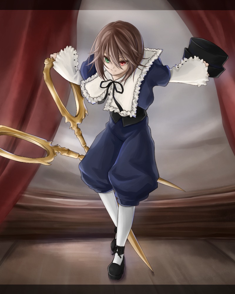 1girl brown_hair frills full_body green_eyes hat_removed heterochromia holding image long_sleeves looking_at_viewer pantyhose red_eyes ribbon shoes solo souseiseki standing white_legwear