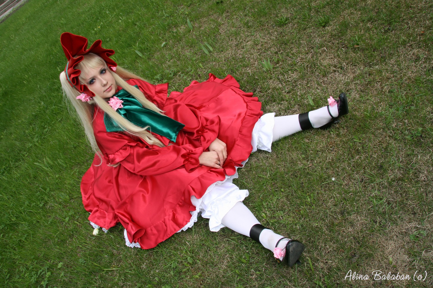 1girl blonde_hair blue_eyes bow dress grass long_hair pantyhose red_dress shinku sitting solo