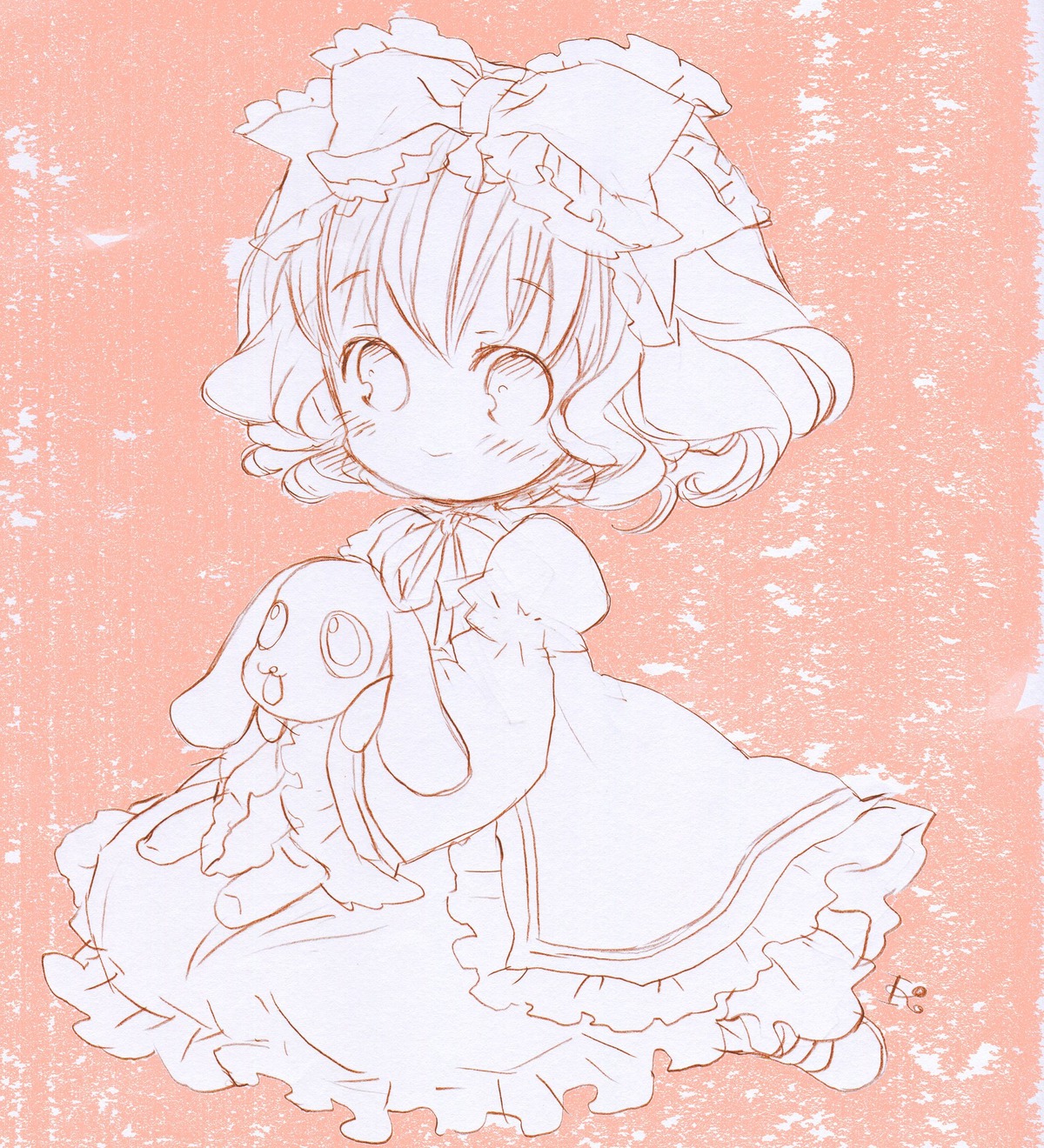 1girl blush bow dress eyebrows_visible_through_hair hinaichigo image long_sleeves looking_at_viewer monochrome short_hair smile solo stuffed_animal traditional_media