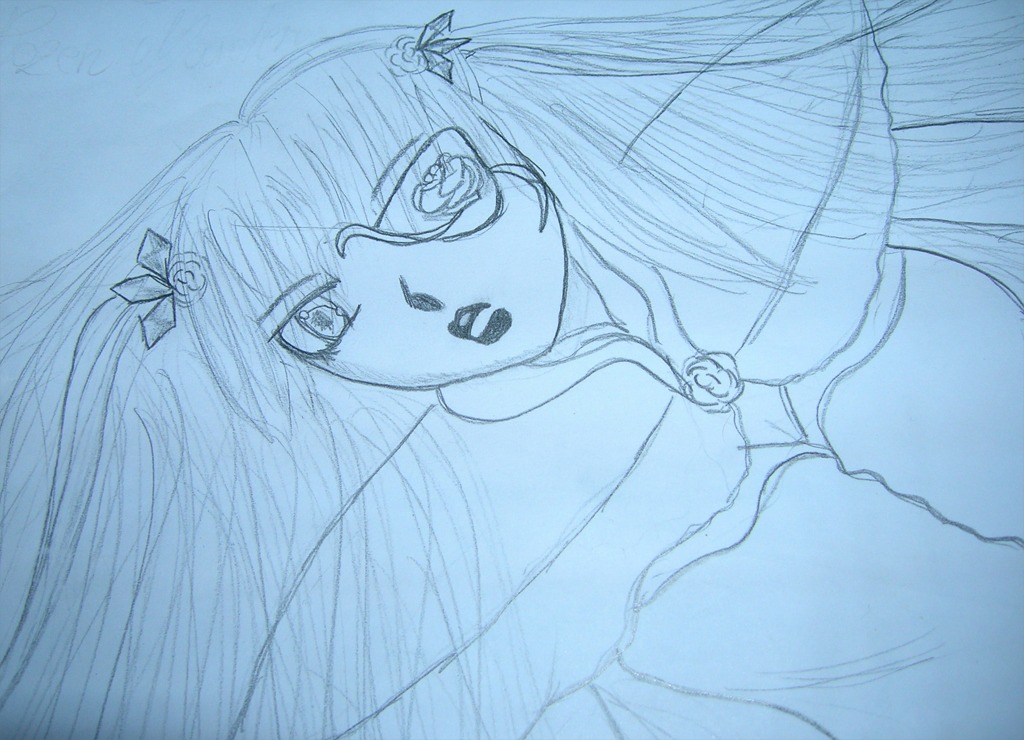 1girl barasuishou blue_flower blue_rose blue_theme flower hair_flower hair_ornament image long_hair monochrome open_mouth rose sketch solo traditional_media upper_body