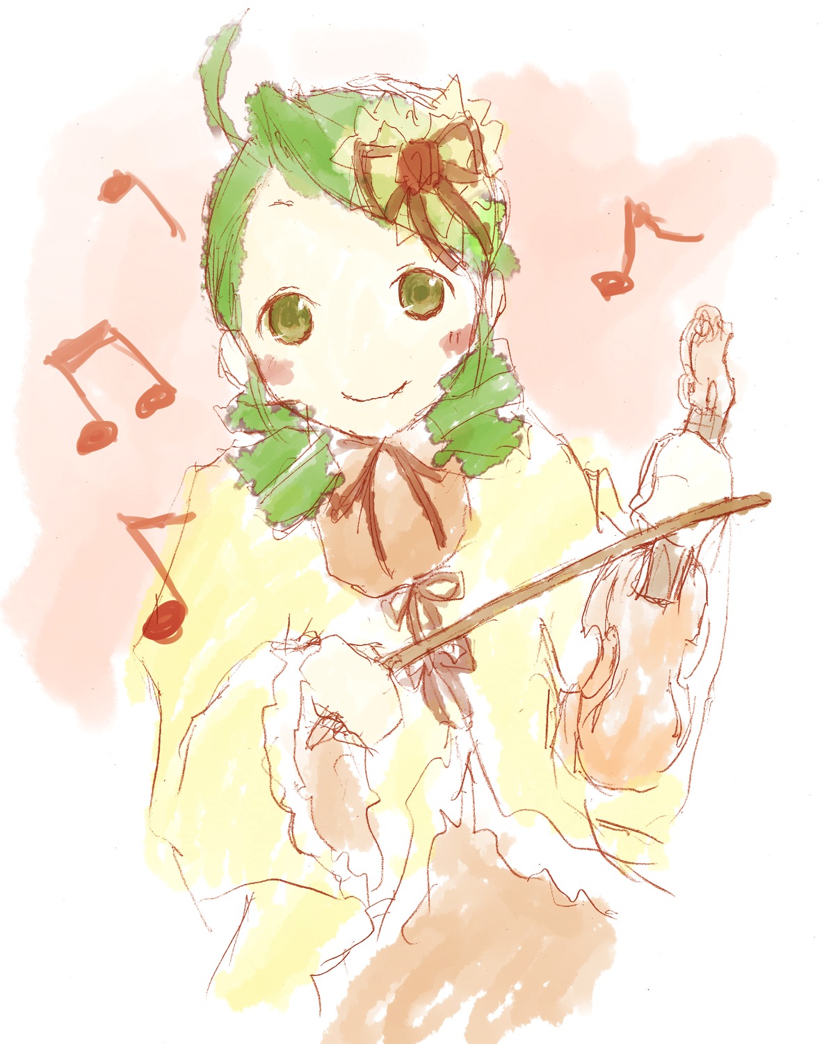 1girl beamed_eighth_notes beamed_sixteenth_notes eighth_note flower green_eyes green_hair image kanaria long_sleeves musical_note quarter_note smile solo spoken_musical_note