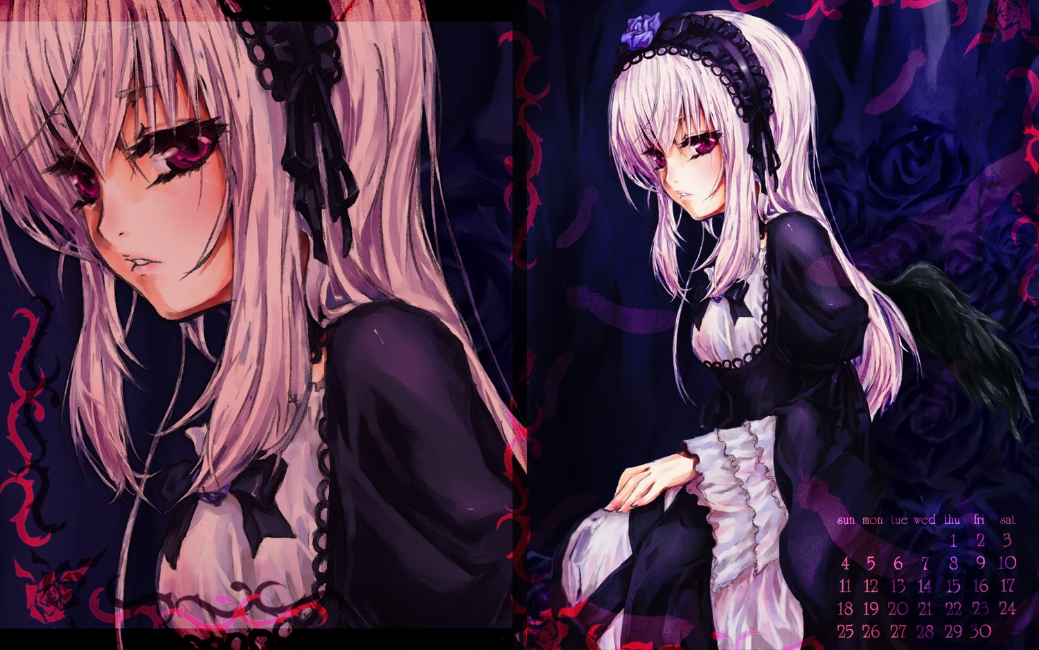 1girl dress flower frills hairband image long_hair long_sleeves looking_at_viewer multiple_views pink_eyes red_eyes ribbon rose solo suigintou wings