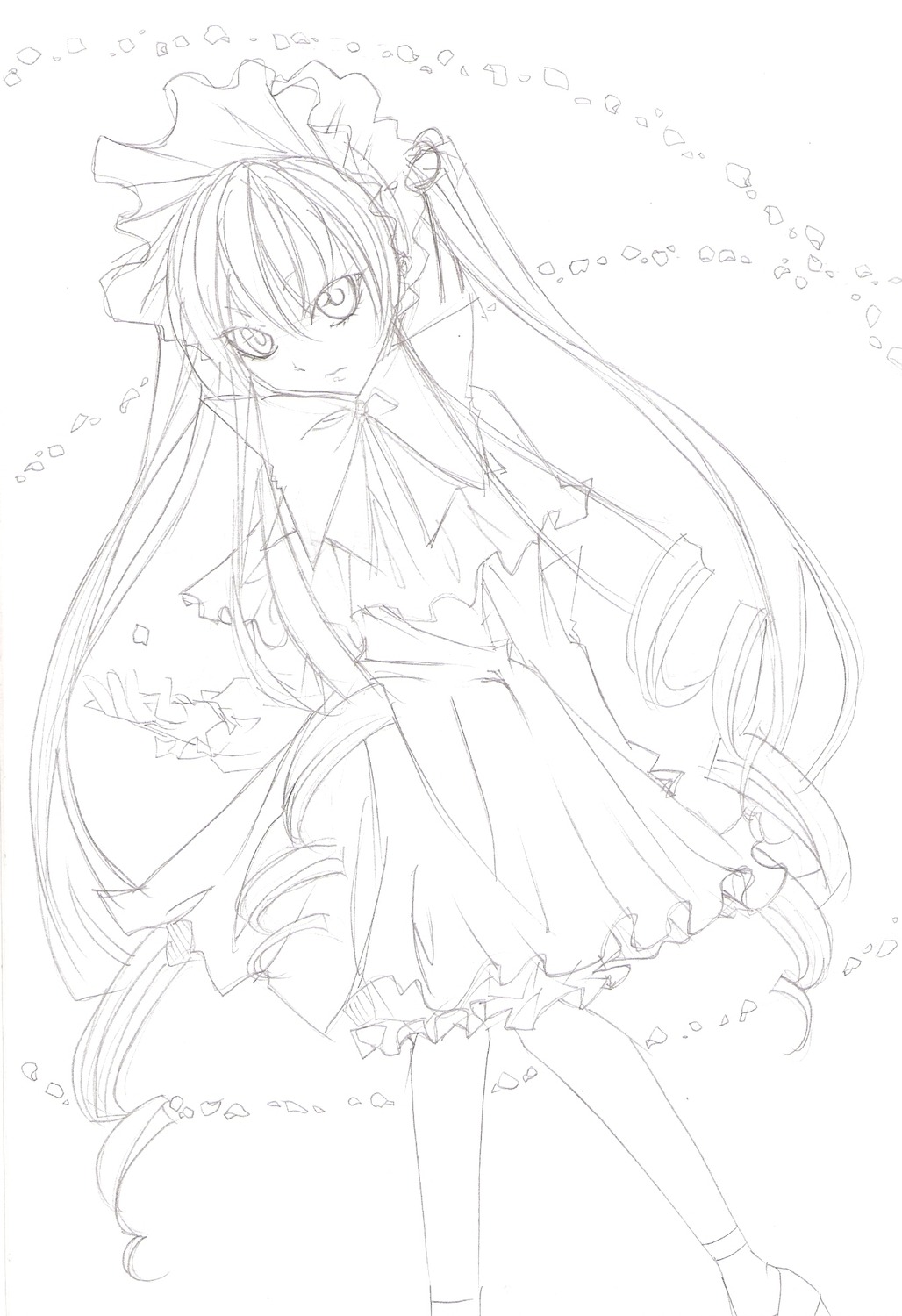 1girl bow bowtie dress frills full_body image long_hair long_sleeves looking_at_viewer monochrome pantyhose shinku solo standing striped twintails vertical_stripes very_long_hair