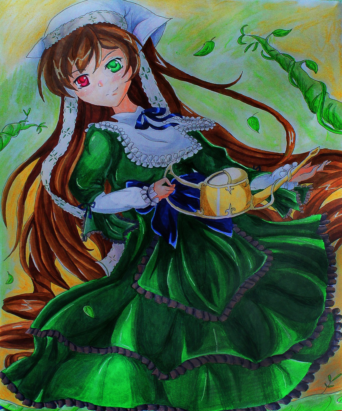 1girl auto_tagged brown_hair dress frills green_dress green_eyes hat head_scarf heterochromia image long_hair long_sleeves looking_at_viewer red_eyes solo suiseiseki very_long_hair watering_can