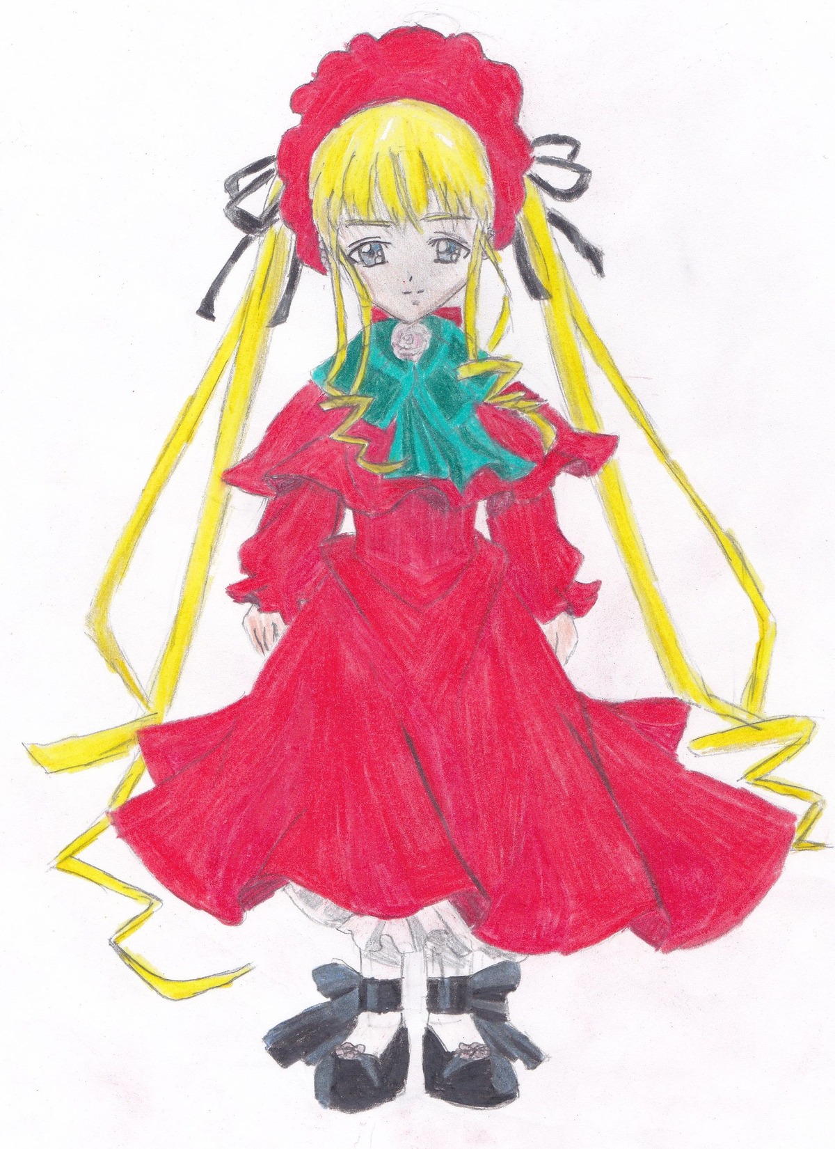 1girl black_footwear blonde_hair blue_eyes bonnet bow bowtie dress full_body green_bow image long_hair long_sleeves looking_at_viewer marker_(medium) red_dress shinku shoes simple_background solo standing traditional_media twintails white_background