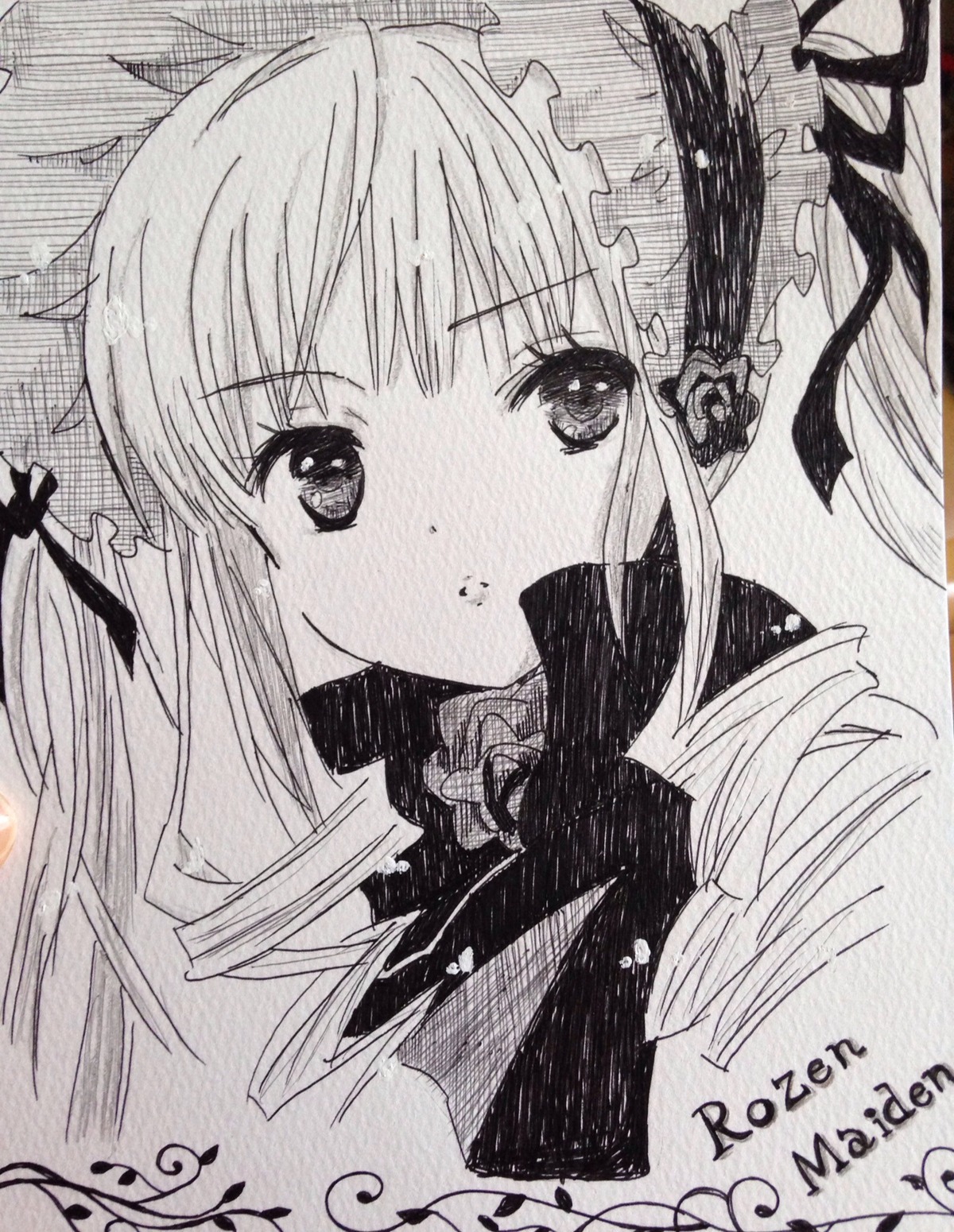 1girl blush greyscale hair_ribbon image long_hair looking_at_viewer monochrome ribbon shinku solo traditional_media twintails