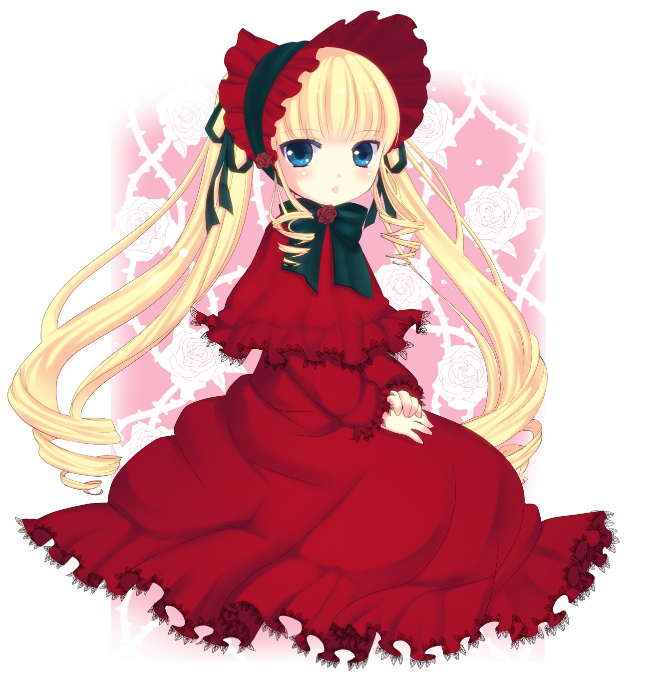 1girl auto_tagged blonde_hair blue_eyes blush bonnet bow bowtie capelet dress drill_hair flower green_bow image long_hair long_sleeves looking_at_viewer red_dress rose shinku solo twin_drills twintails very_long_hair