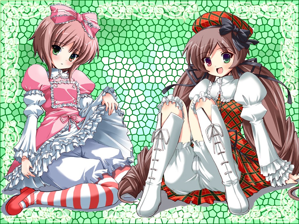 2girls :d bloomers boots bow brown_hair chain-link_fence dress fence frills green_eyes heterochromia honeycomb_(pattern) image long_hair long_sleeves multiple_girls open_mouth pair pantyhose red_eyes short_hair siblings sisters souseiseki striped striped_legwear suiseiseki twins underwear yellow_eyes