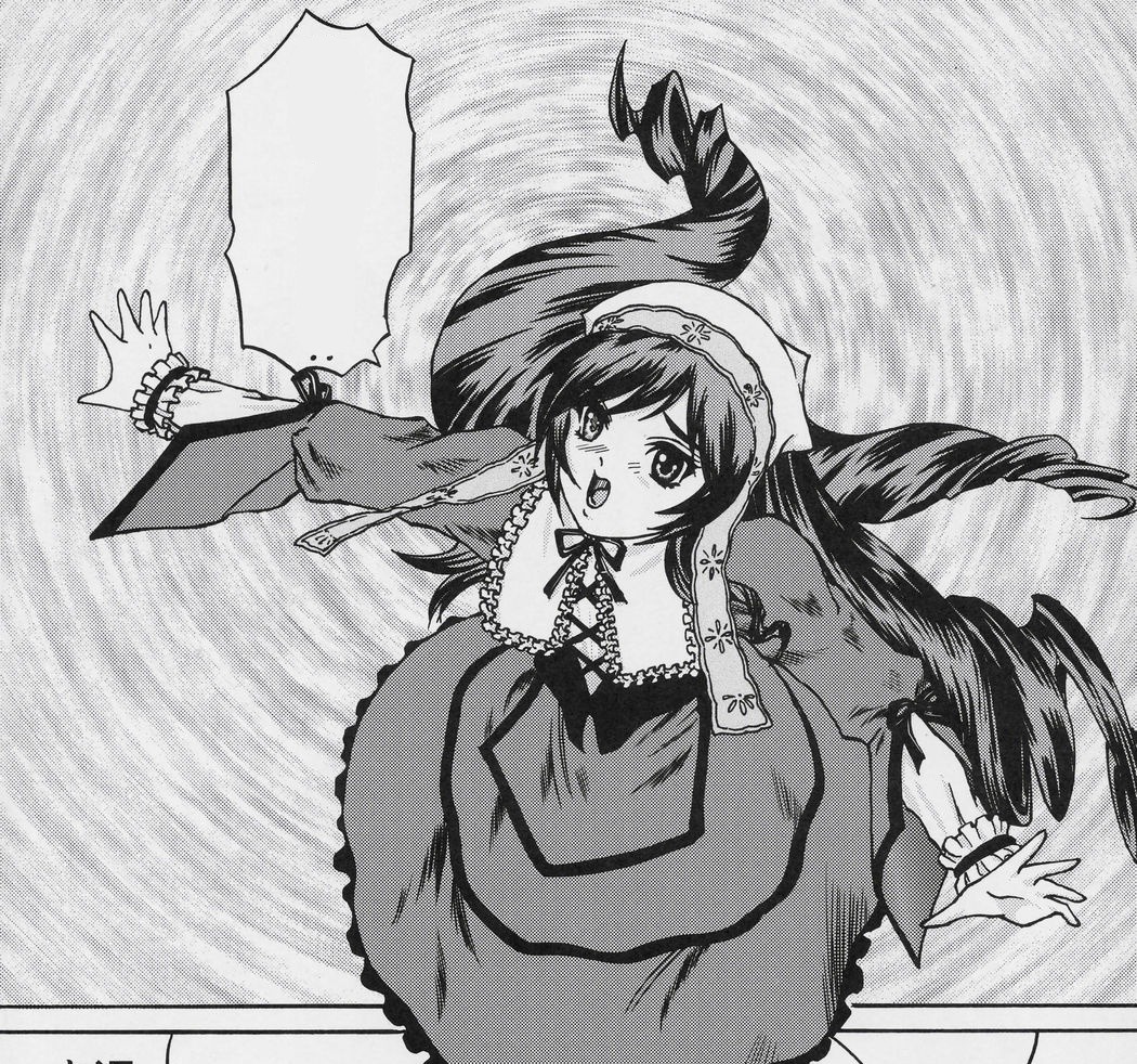 1girl blush dress drill_hair frills greyscale image long_hair long_sleeves monochrome open_mouth outstretched_arms solo suiseiseki very_long_hair