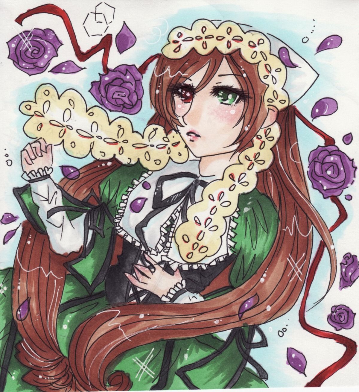 1girl black_ribbon brown_hair dress flower green_dress green_eyes heterochromia image long_hair long_sleeves petals pink_rose purple_flower purple_rose red_eyes ribbon rose rose_petals solo souseiseki suiseiseki thorns very_long_hair