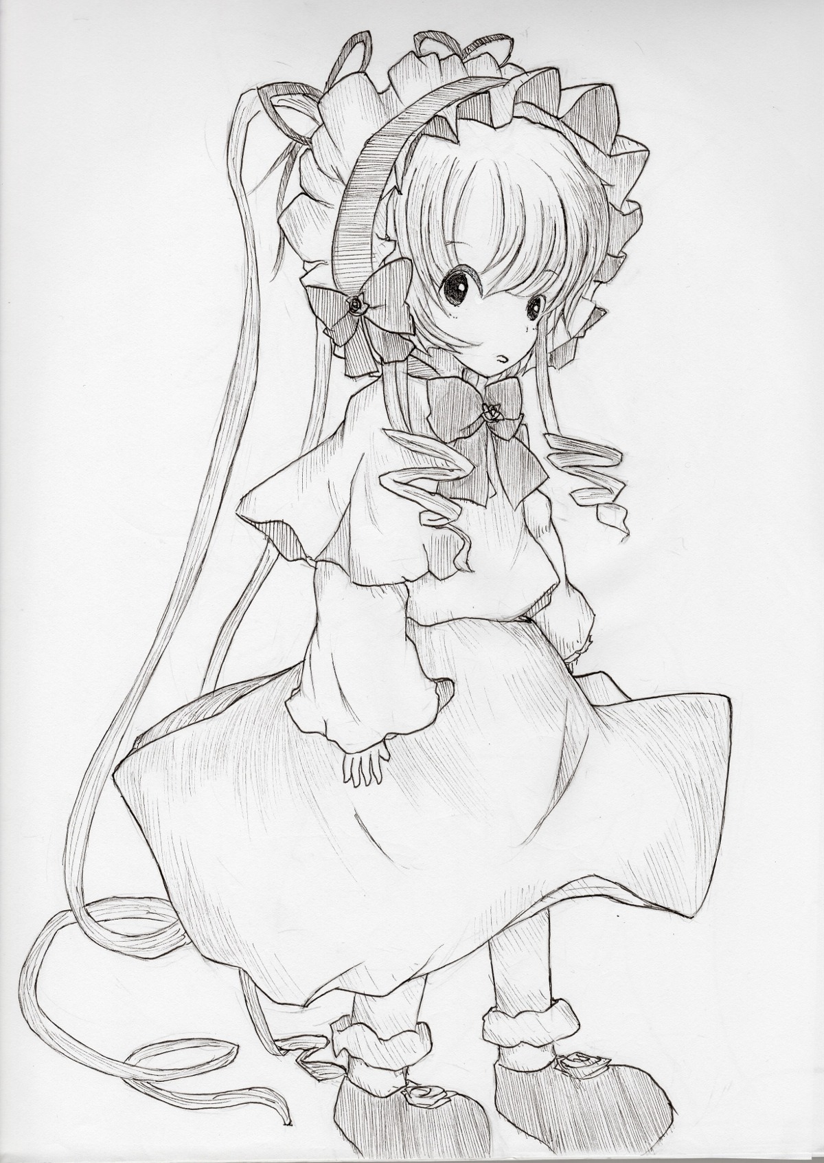 1girl bow bowtie capelet dress drill_hair full_body greyscale image long_hair long_sleeves looking_at_viewer monochrome shinku shoes solo standing traditional_media