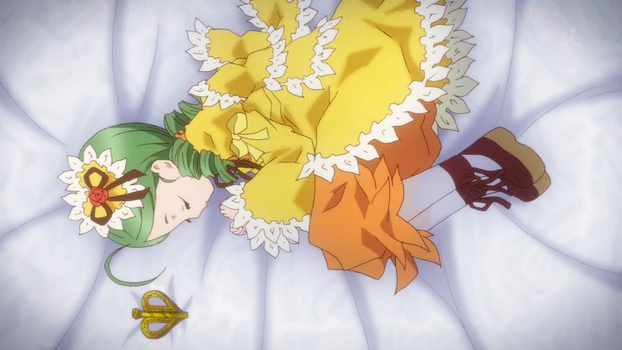 1girl closed_eyes dress drill_hair flower frills green_hair hair_flower hair_ornament image kanaria long_sleeves lying on_side solo yellow_dress