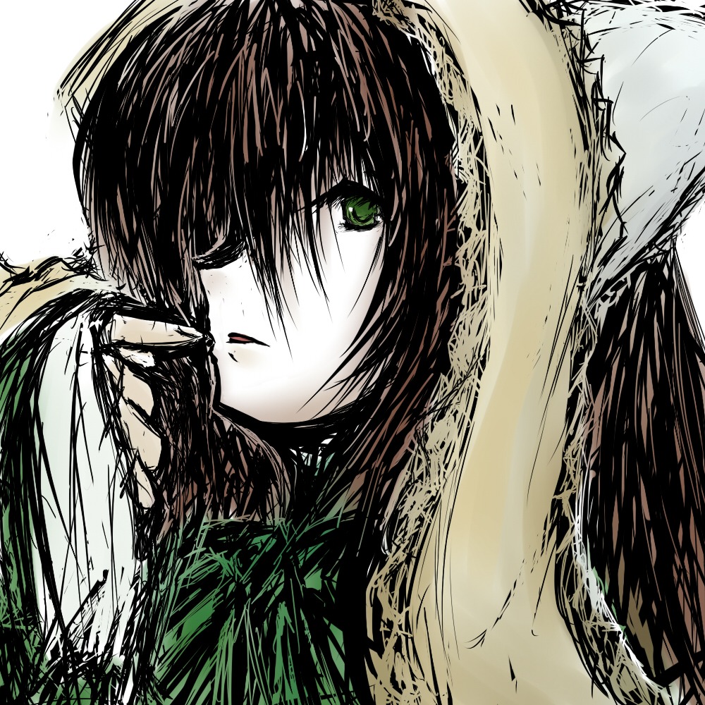 1girl black_hair green_eyes hair_over_one_eye hood image looking_at_viewer portrait solo suiseiseki