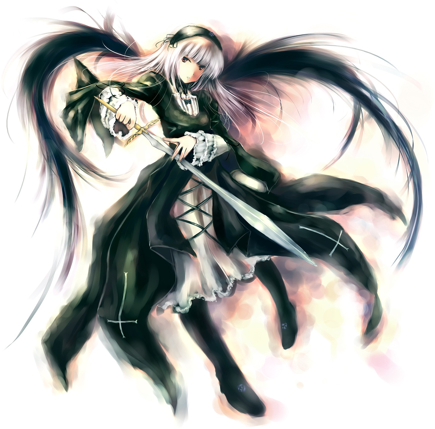 1girl abudala bangs commentary_request dress floating_hair frills full_body hairband highres holding image long_hair long_sleeves looking_at_viewer red_eyes rozen_maiden silver_hair simple_background solo standing suigintou sword very_long_hair weapon white_background wings