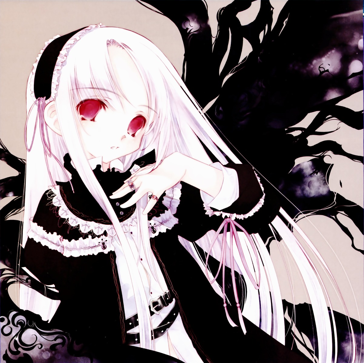 1girl bangs dress feathers frills hairband image long_hair long_sleeves looking_at_viewer red_eyes ribbon simple_background solo suigintou very_long_hair white_hair wings