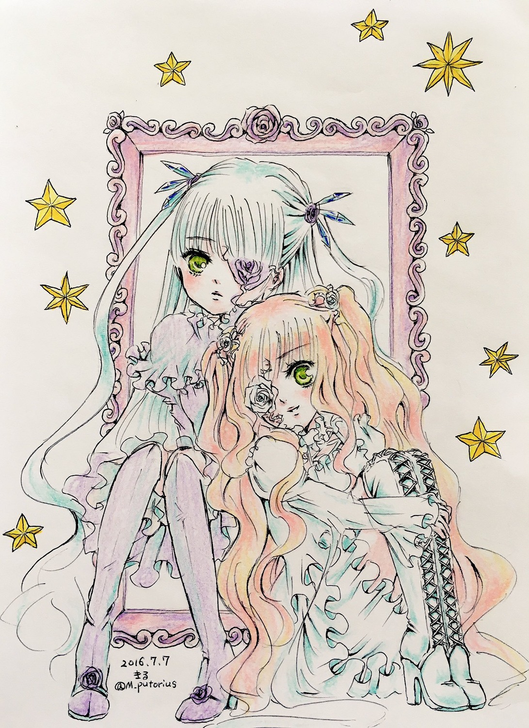 2girls barasuishou blonde_hair boots cross cross_necklace dress flower frills green_eyes hair_ornament image kirakishou latin_cross long_hair multiple_girls pair sitting star_(symbol) star_hair_ornament star_necklace star_print starfish starry_background striped striped_legwear thigh_boots thighhighs traditional_media twintails vertical-striped_legwear vertical_stripes very_long_hair yellow_eyes