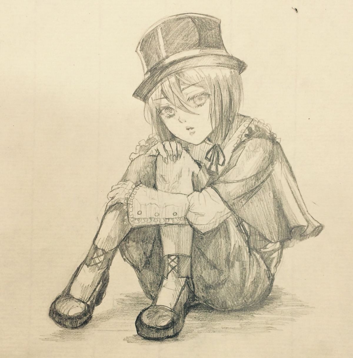 1girl boots capelet hair_between_eyes hat image long_sleeves looking_at_viewer monochrome short_hair sitting solo souseiseki traditional_media