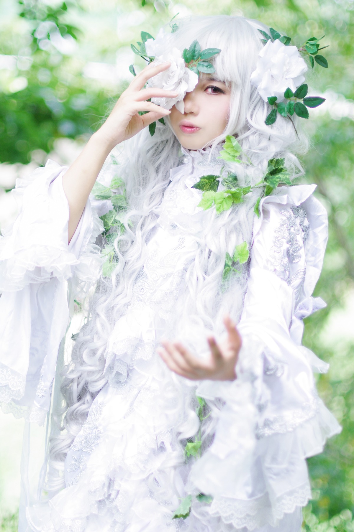 1girl blurry depth_of_field dress eyelashes flower frills kirakishou lace lips lolita_fashion long_sleeves solo white_dress white_hair white_theme