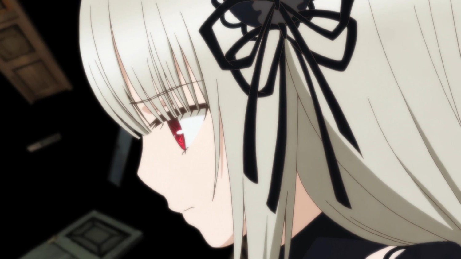 1girl bangs black_ribbon closed_mouth eyebrows_visible_through_hair face hair_ribbon image long_hair portrait profile red_eyes ribbon simple_background solo suigintou