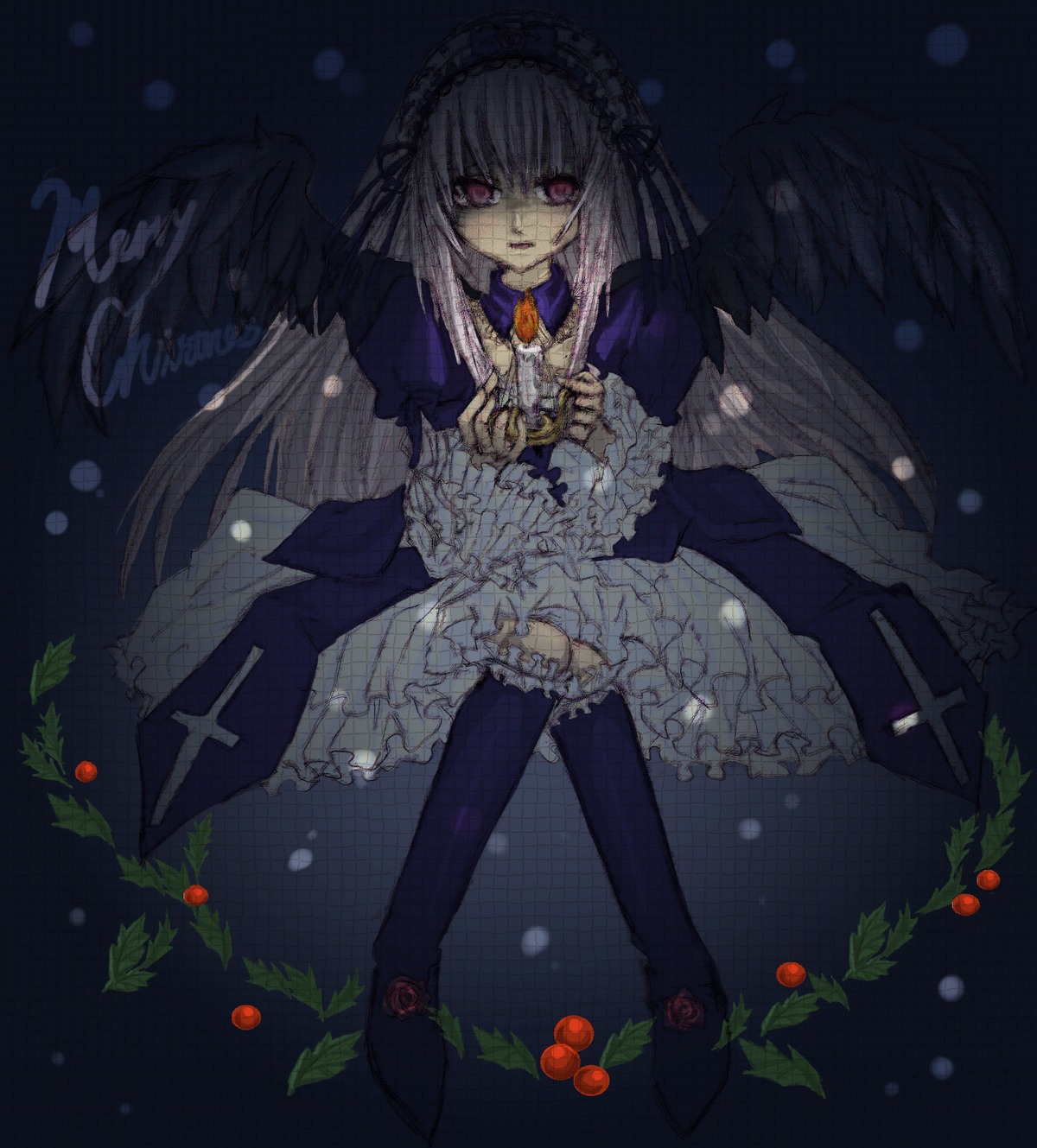 1girl black_wings dress feathered_wings flower frills hairband image long_hair long_sleeves looking_at_viewer pink_eyes rose silver_hair solo suigintou wings