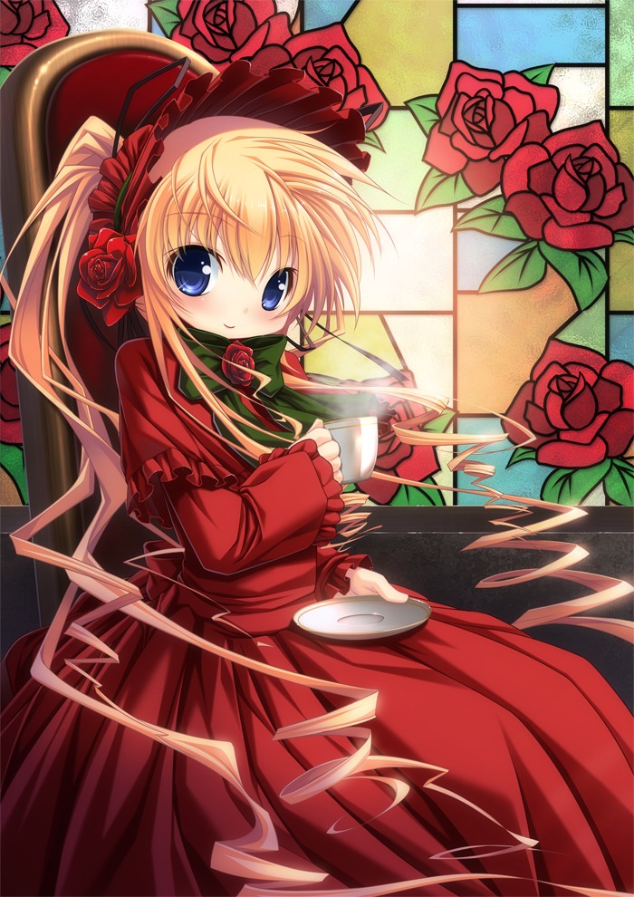1girl blonde_hair blue_eyes blush bow capelet cup dress flower holding_cup image long_hair pink_rose red_capelet red_flower red_rose rose shinku solo tea teacup