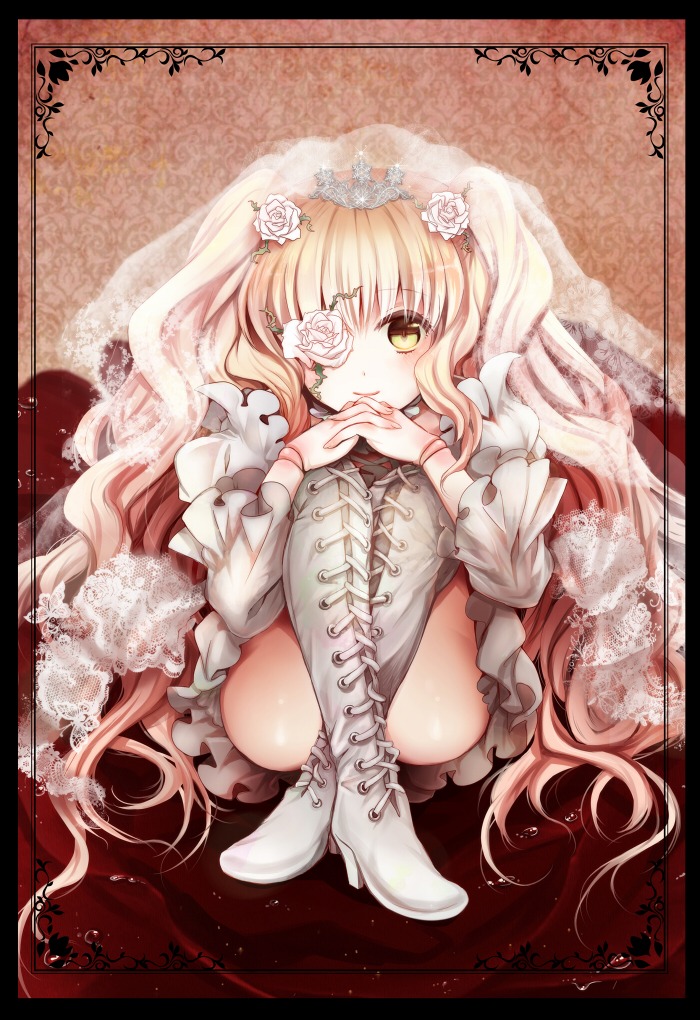 1girl ai_(creamcaramel) black_border blonde_hair boots bridal_veil commentary_request cross-laced_footwear doll_joints dress eyepatch flower frills hair_flower hair_ornament image joints kirakishou letterboxed long_hair long_sleeves own_hands_together pillarboxed rose rozen_maiden sitting smile solo thigh_boots thighhighs tiara veil very_long_hair yellow_eyes