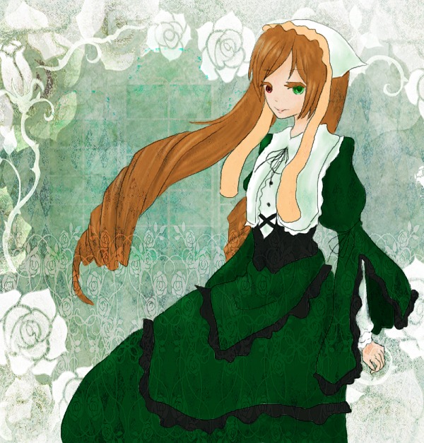 1girl brown_hair dress flower frills green_dress green_eyes head_scarf heterochromia image long_hair long_sleeves red_eyes rose solo suiseiseki very_long_hair