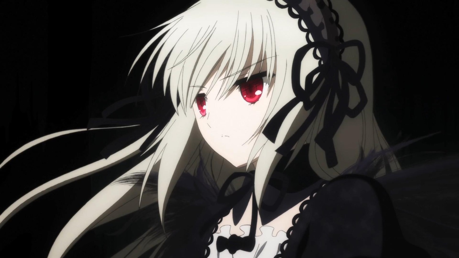 1girl auto_tagged bangs black_dress black_ribbon closed_mouth detached_collar dress eyebrows_visible_through_hair frills hairband image long_hair long_sleeves looking_at_viewer red_eyes ribbon silver_hair simple_background solo suigintou
