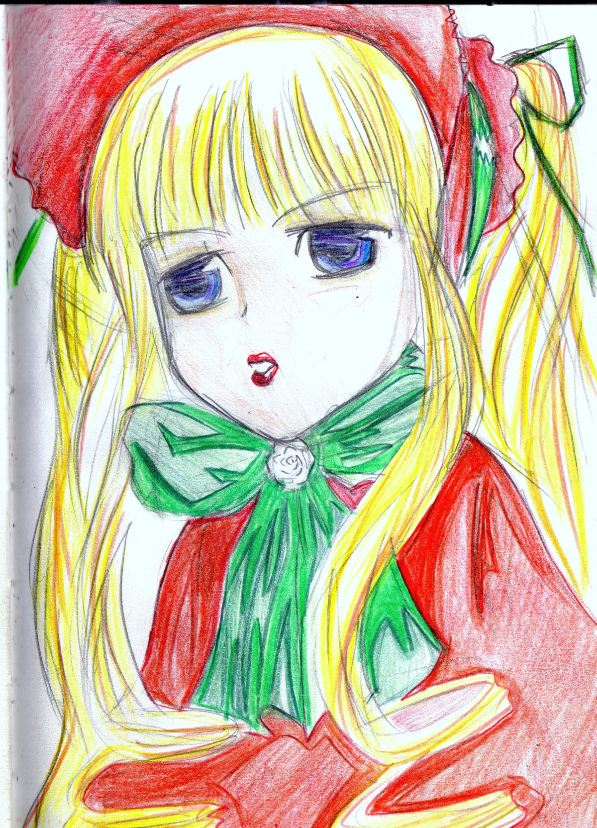 1girl bangs blonde_hair blue_eyes bonnet bow bowtie flower green_bow image long_hair looking_at_viewer marker_(medium) photo red_capelet rose shinku solo traditional_media