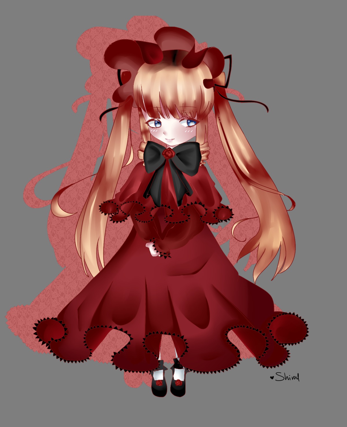 1girl blonde_hair blue_eyes blush bonnet bow bowtie capelet dress full_body image long_hair red_dress ribbon shinku shoes solo transparent_background twintails very_long_hair