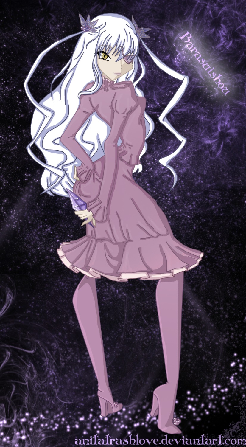 1girl barasuishou boots dress full_body high_heels image long_hair looking_at_viewer ribbon sky solo space standing star_(sky) starry_sky white_hair yellow_eyes