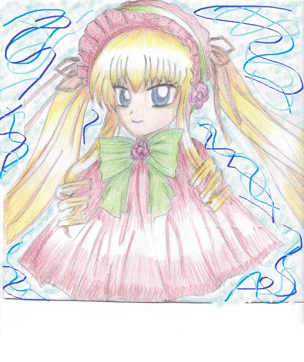 1girl blonde_hair blue_eyes bonnet bow bowtie dress drill_hair flower green_bow green_neckwear image long_hair long_sleeves looking_at_viewer marker_(medium) shinku simple_background smile solo traditional_media twin_drills twintails upper_body