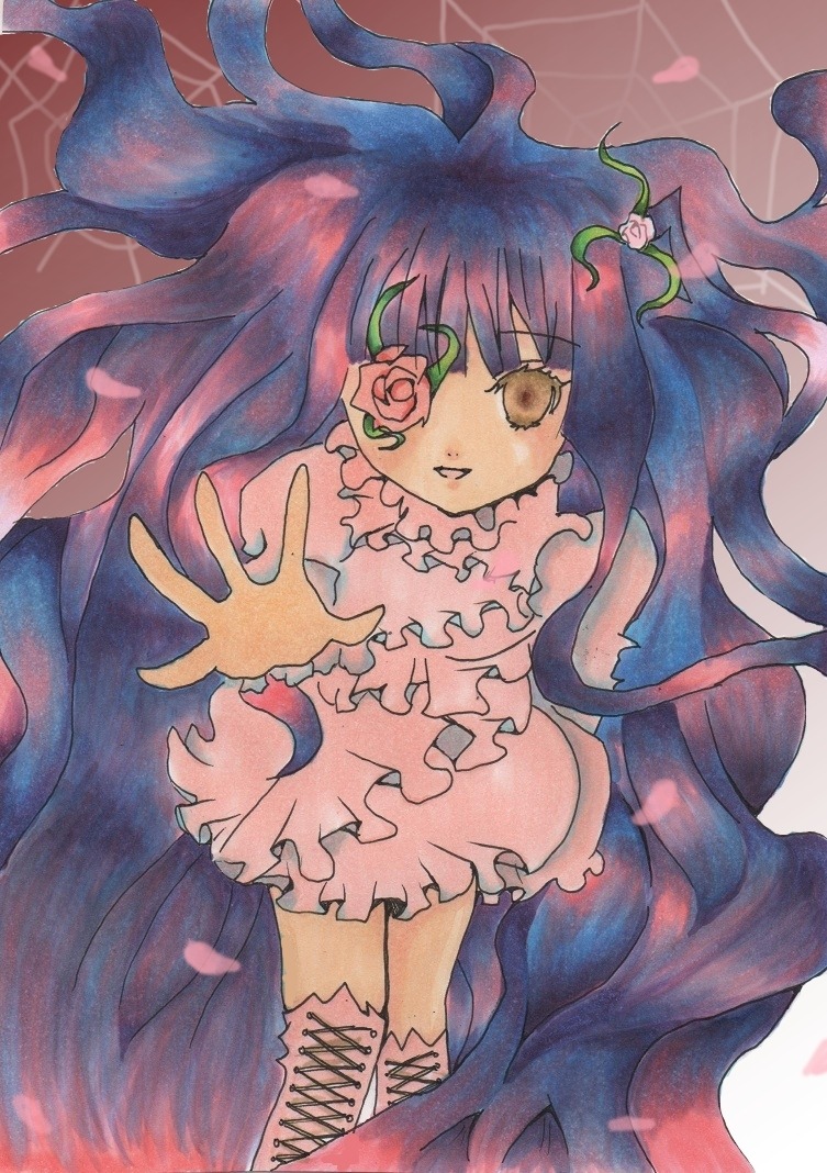 1girl auto_tagged bangs dress eyepatch flower frills hair_ornament image kirakishou long_hair petals pink_flower rose skirt solo traditional_media watercolor_(medium)