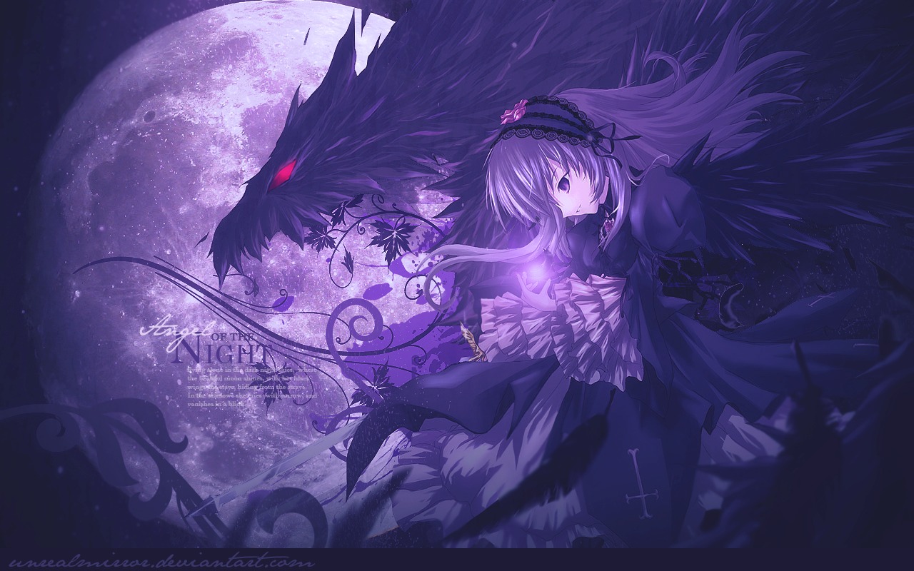 1girl auto_tagged black_wings copyright_name dress flower frilled_sleeves frills full_moon hairband image long_hair long_sleeves moon night ribbon rose solo suigintou very_long_hair wings