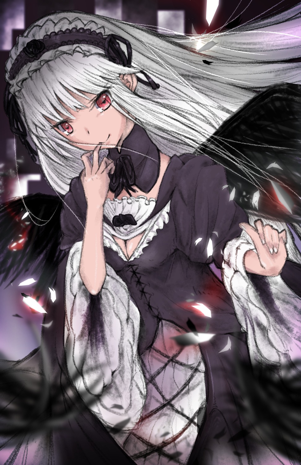 1girl black_dress black_wings breasts cleavage dress feathered_wings feathers flower frills gothic_lolita hairband image lolita_fashion lolita_hairband long_hair long_sleeves looking_at_viewer petals red_eyes rose silver_hair smile solo suigintou very_long_hair wings