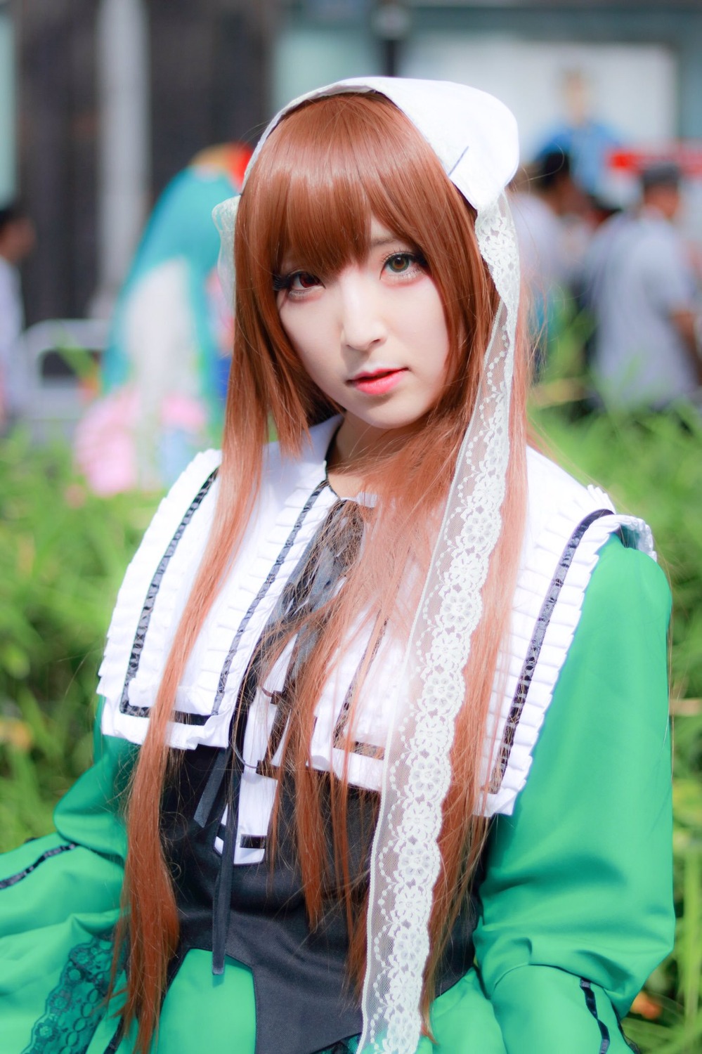 1girl 3d asian blurry blurry_background blurry_foreground brown_hair day depth_of_field lips long_hair looking_at_viewer photo realistic solo suiseiseki upper_body