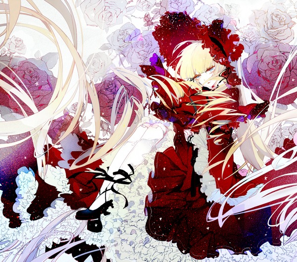 1girl blonde_hair blue_eyes dress flower frills image long_hair red_dress rose shinku solo very_long_hair