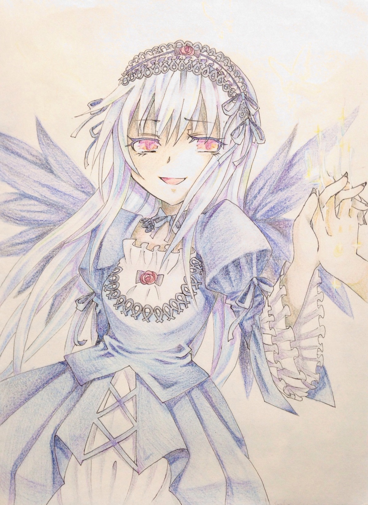 1girl black_wings detached_collar dress flower frills hairband image long_hair long_sleeves looking_at_viewer open_mouth pink_eyes rose smile solo suigintou traditional_media watercolor_(medium) wings