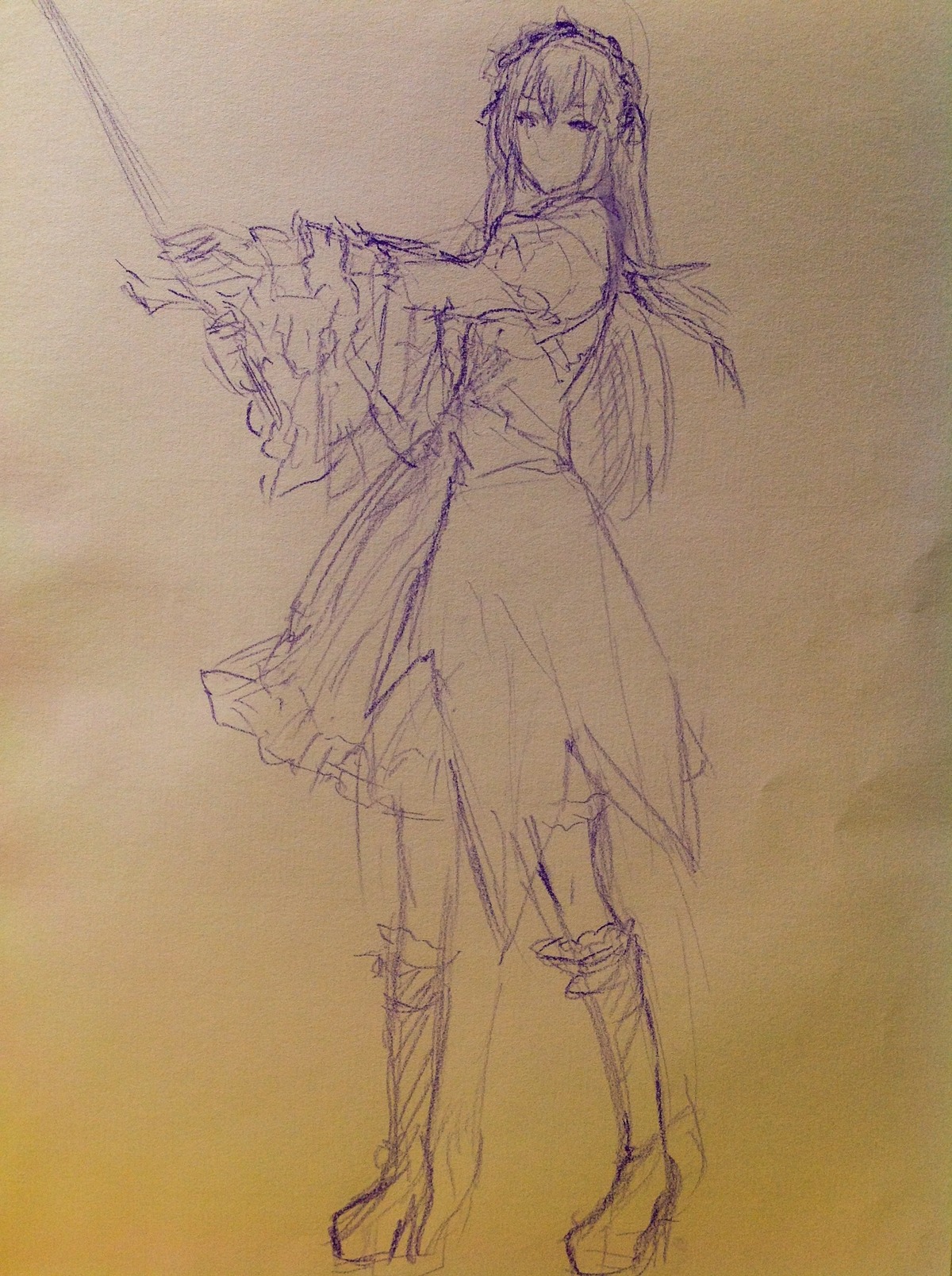 1girl boots dress full_body hairband image knee_boots long_hair long_sleeves looking_at_viewer monochrome sketch solo standing suigintou wide_sleeves