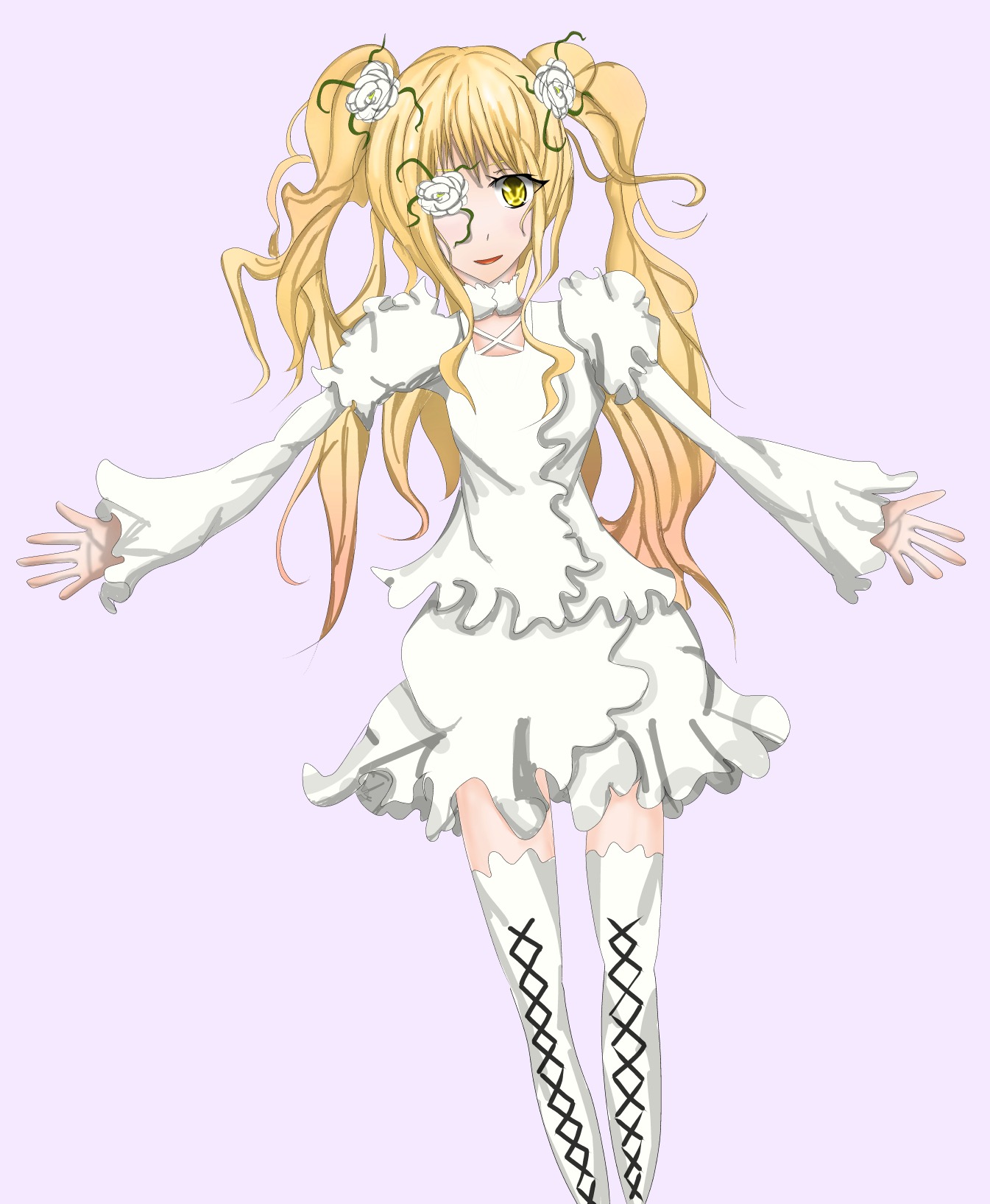 1girl auto_tagged blonde_hair boots cross-laced_footwear dress eyepatch flower hair_flower hair_ornament image kirakishou knee_boots long_hair rose solo striped thigh_boots thighhighs twintails two_side_up vertical_stripes white_dress white_flower white_rose yellow_eyes