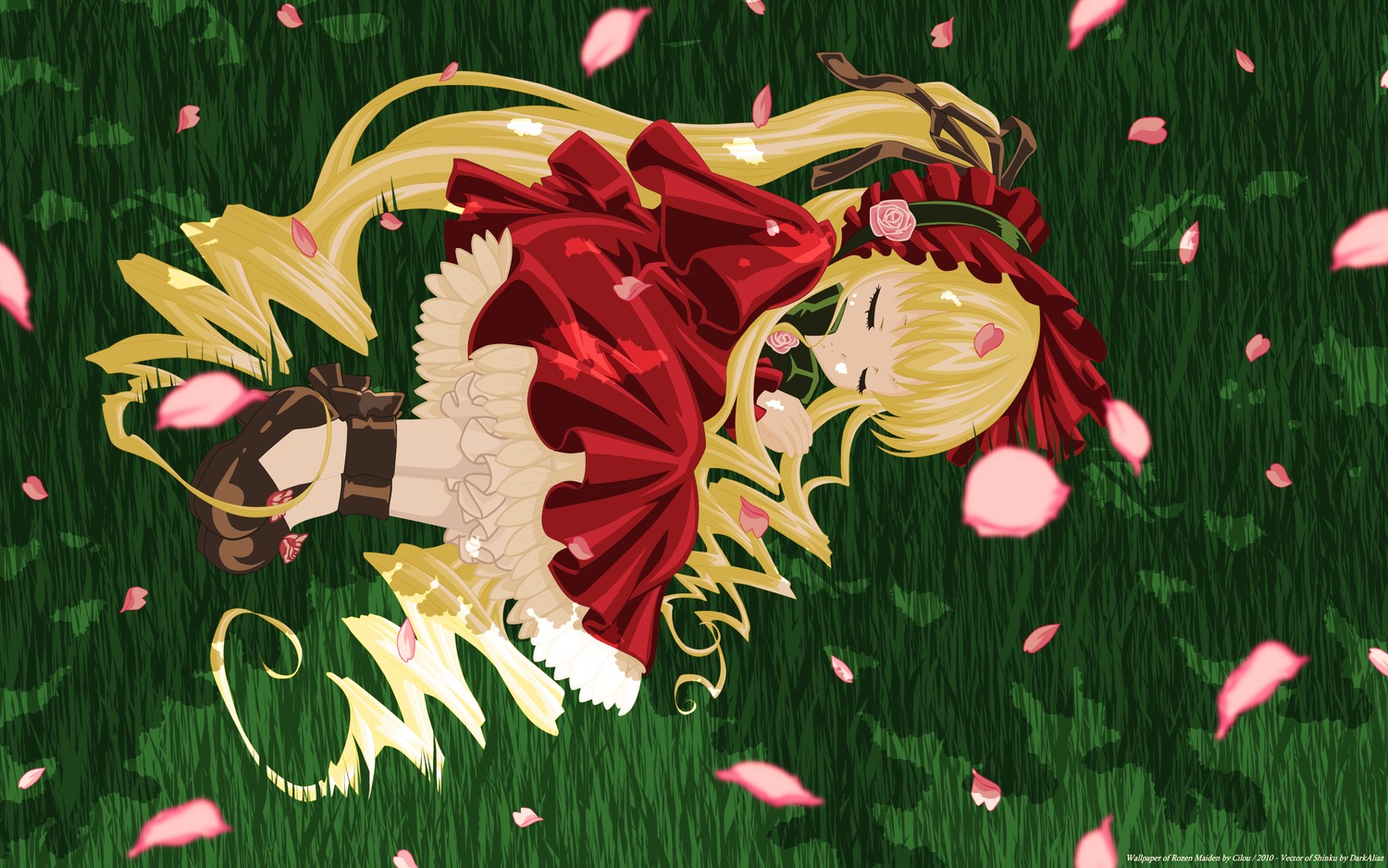 1girl blonde_hair bonnet bow cherry_blossoms closed_eyes dress flower image long_hair lying petals red_dress rose rose_petals shinku sleeping solo twintails