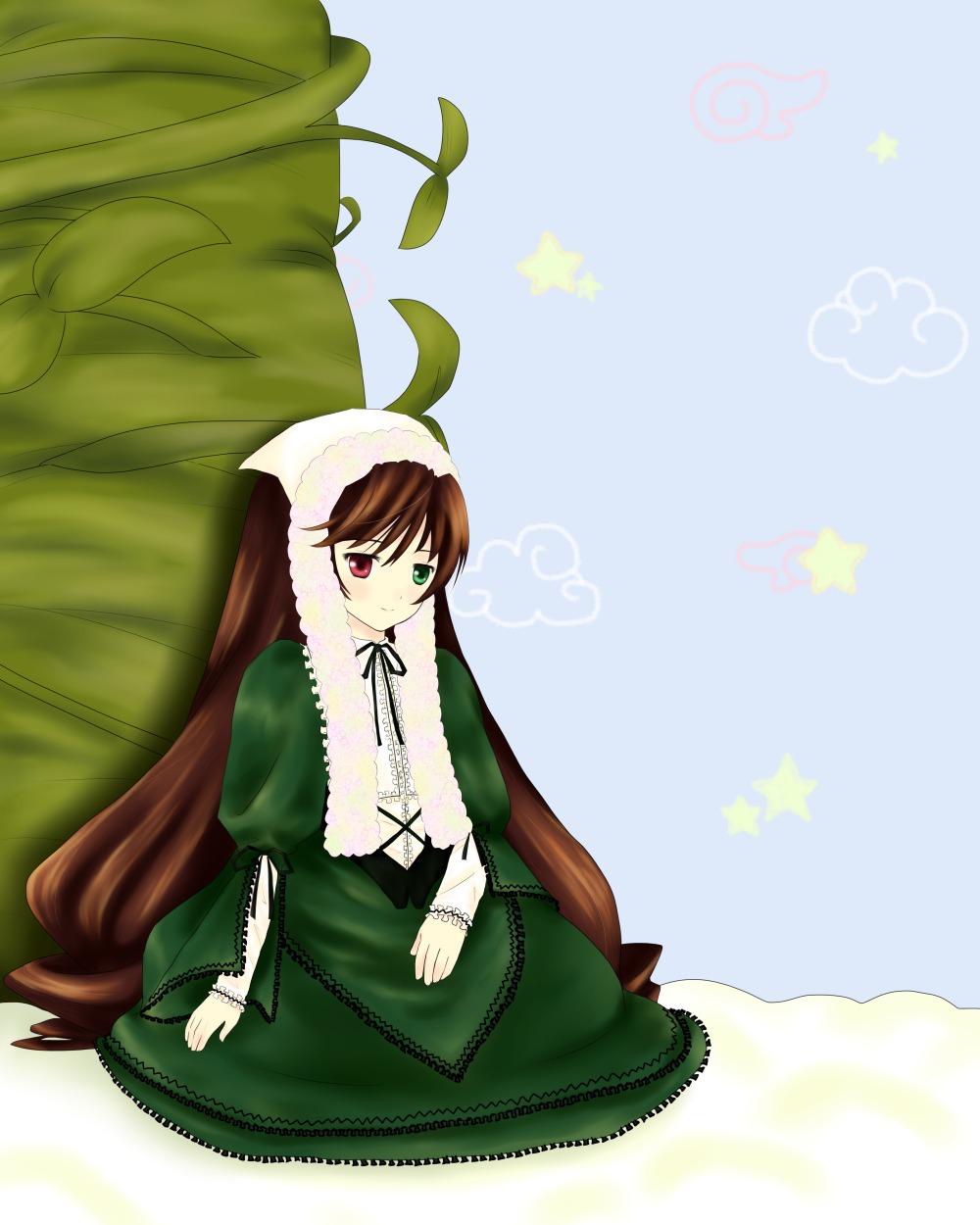 1girl auto_tagged brown_hair dress frills green_dress green_eyes heterochromia image long_hair long_sleeves looking_at_viewer plant red_eyes sitting solo star_(symbol) striped striped_background suiseiseki twintails very_long_hair watering_can