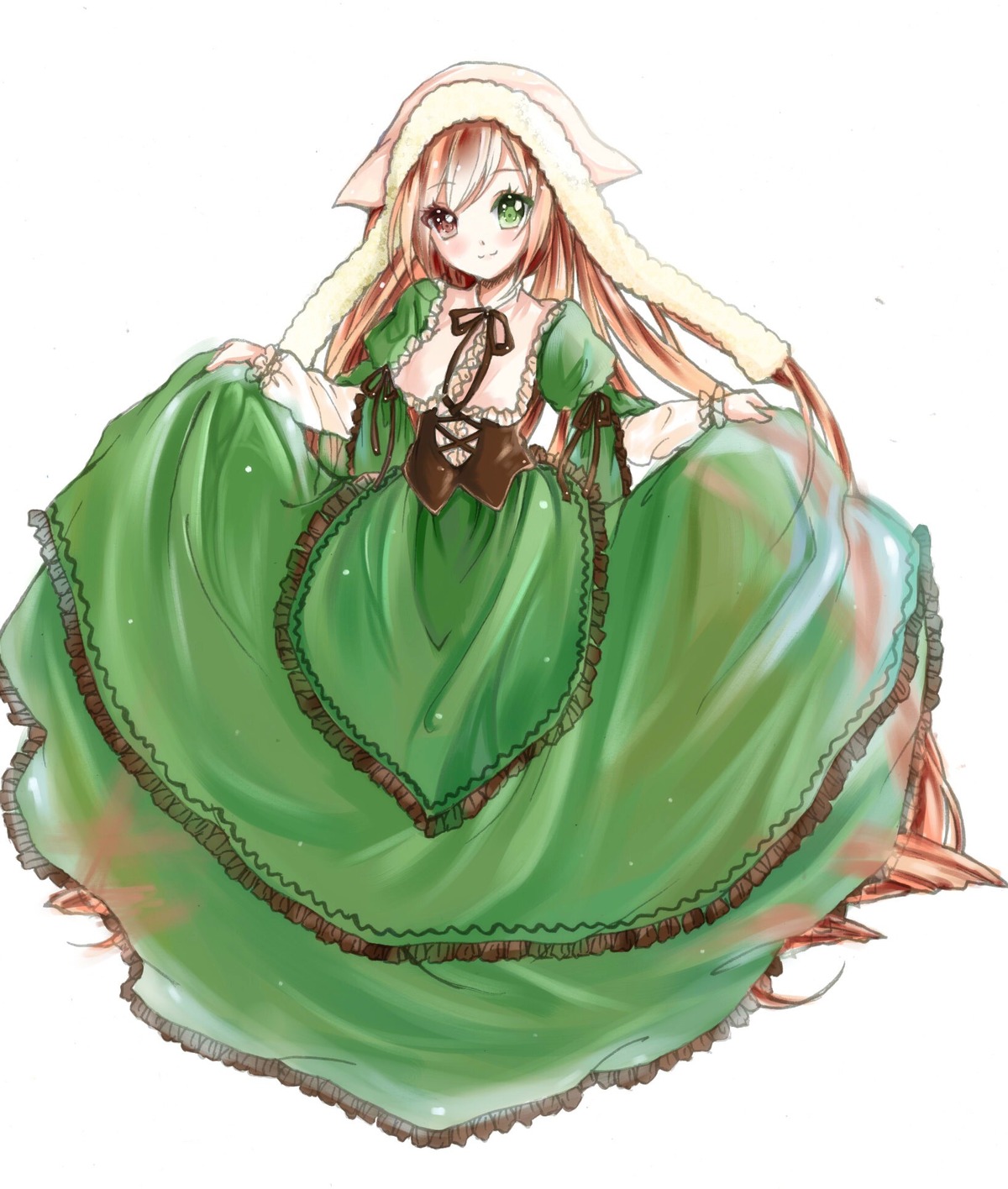 1girl brown_hair dress frills green_dress green_eyes heterochromia image long_hair long_sleeves looking_at_viewer puffy_sleeves red_eyes skirt_hold smile solo suiseiseki very_long_hair white_background