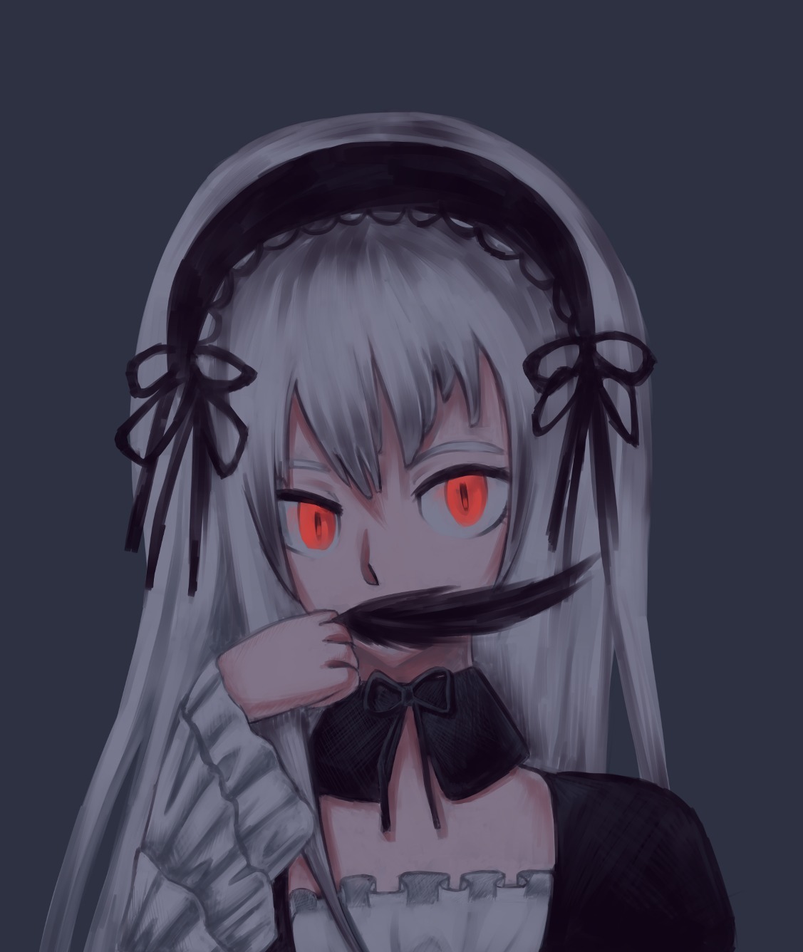 1girl bangs black_dress black_hairband black_ribbon detached_collar dress eyebrows_visible_through_hair frills grey_background hair_between_eyes hairband image long_hair long_sleeves looking_at_viewer red_eyes ribbon silver_hair simple_background solo suigintou upper_body