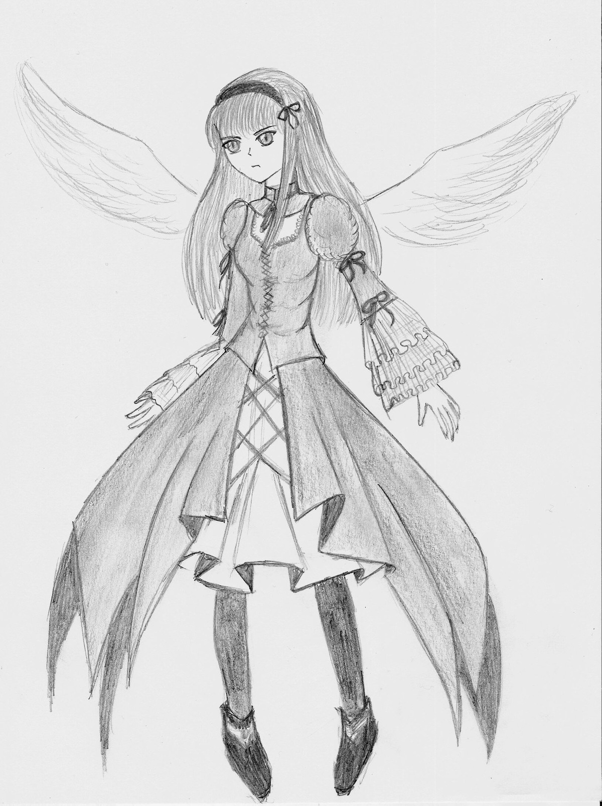 1girl boots dress feathered_wings full_body greyscale hairband image long_hair long_sleeves monochrome solo standing suigintou thighhighs traditional_media wings