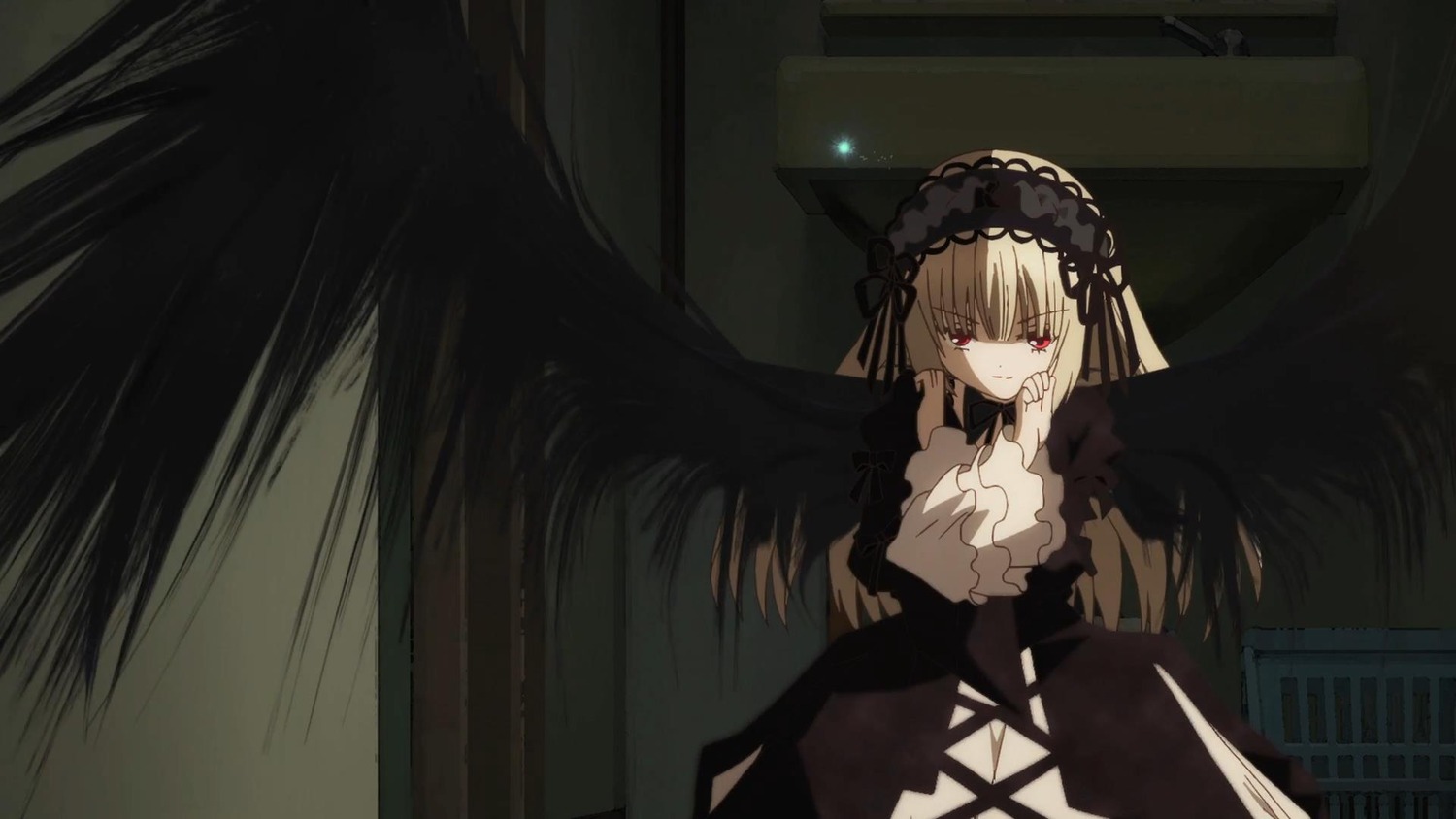 1girl auto_tagged black_ribbon black_wings dress feathered_wings frills hairband image lolita_hairband long_hair long_sleeves looking_at_viewer possible_duplicate red_eyes ribbon solo suigintou wings