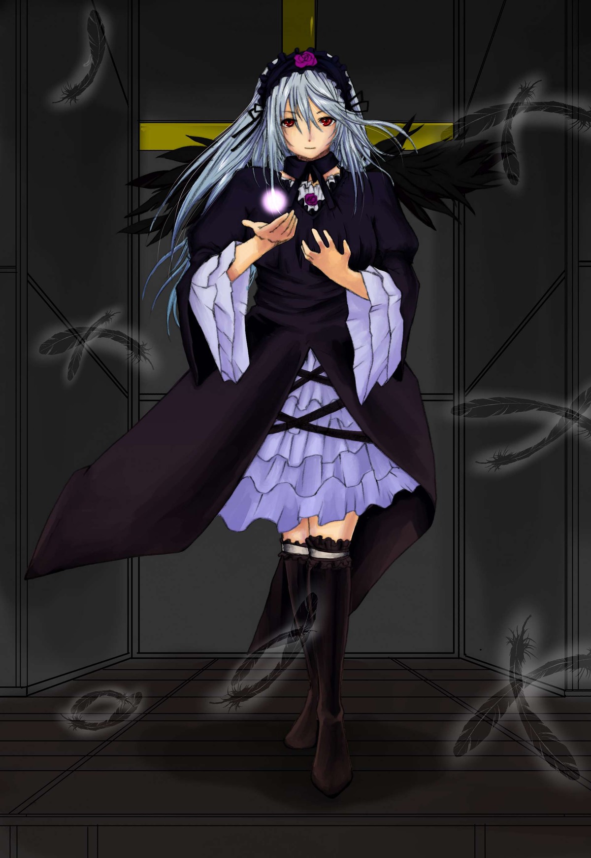 1girl black_wings boots dress feathers flower frills full_body hairband image long_hair long_sleeves looking_at_viewer red_eyes rose silver_hair solo suigintou very_long_hair wings