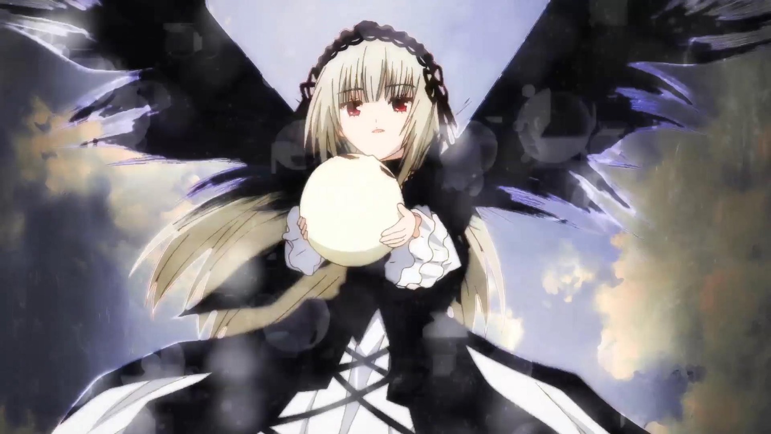 1girl black_dress black_ribbon black_wings blonde_hair cloud dress flower frilled_sleeves frills hairband image long_hair long_sleeves looking_at_viewer red_eyes ribbon rose sky solo suigintou very_long_hair wings