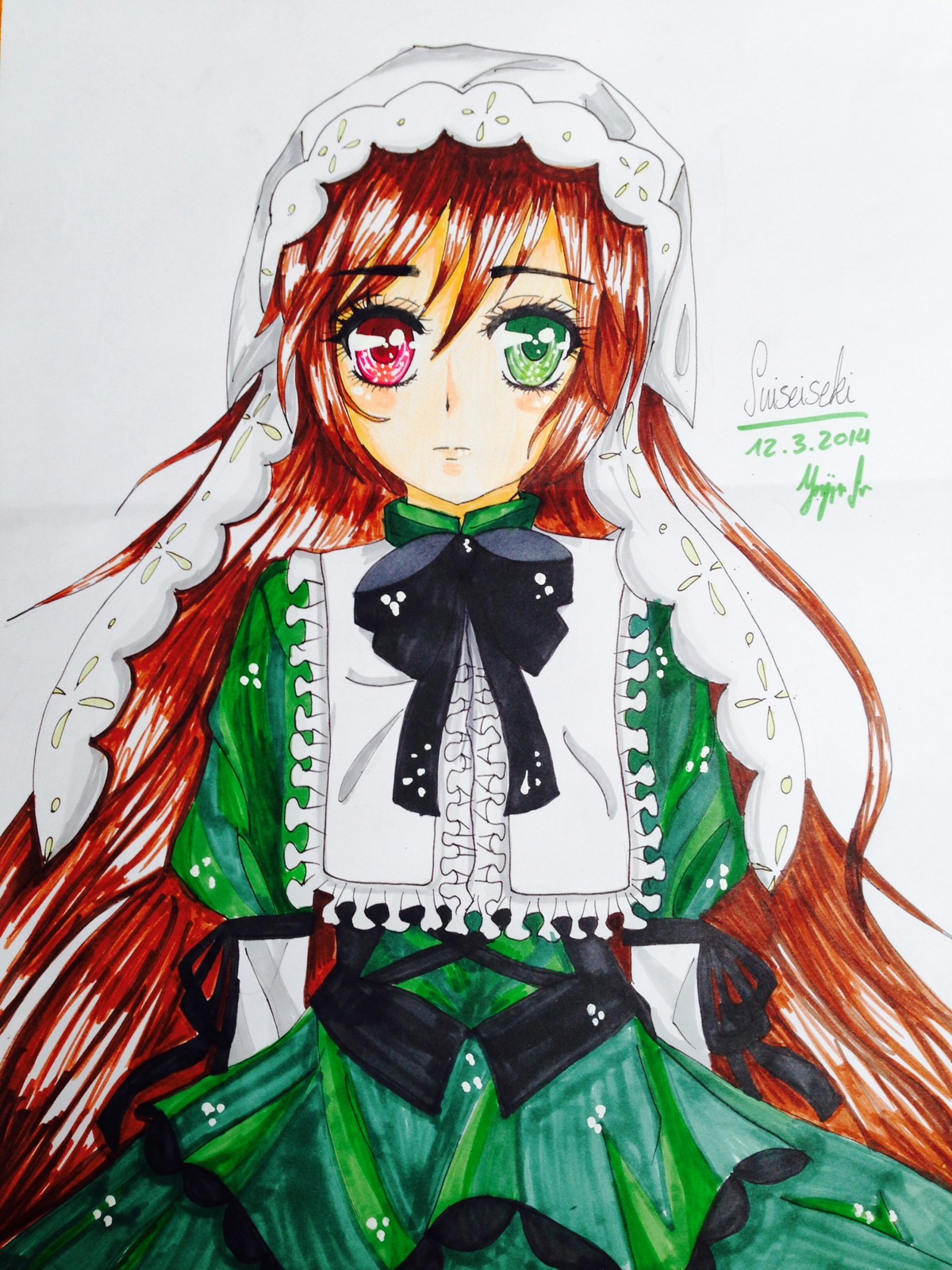 1girl auto_tagged bow dress green_dress green_eyes heterochromia hong_meiling image long_hair long_sleeves looking_at_viewer red_eyes solo suiseiseki traditional_media very_long_hair