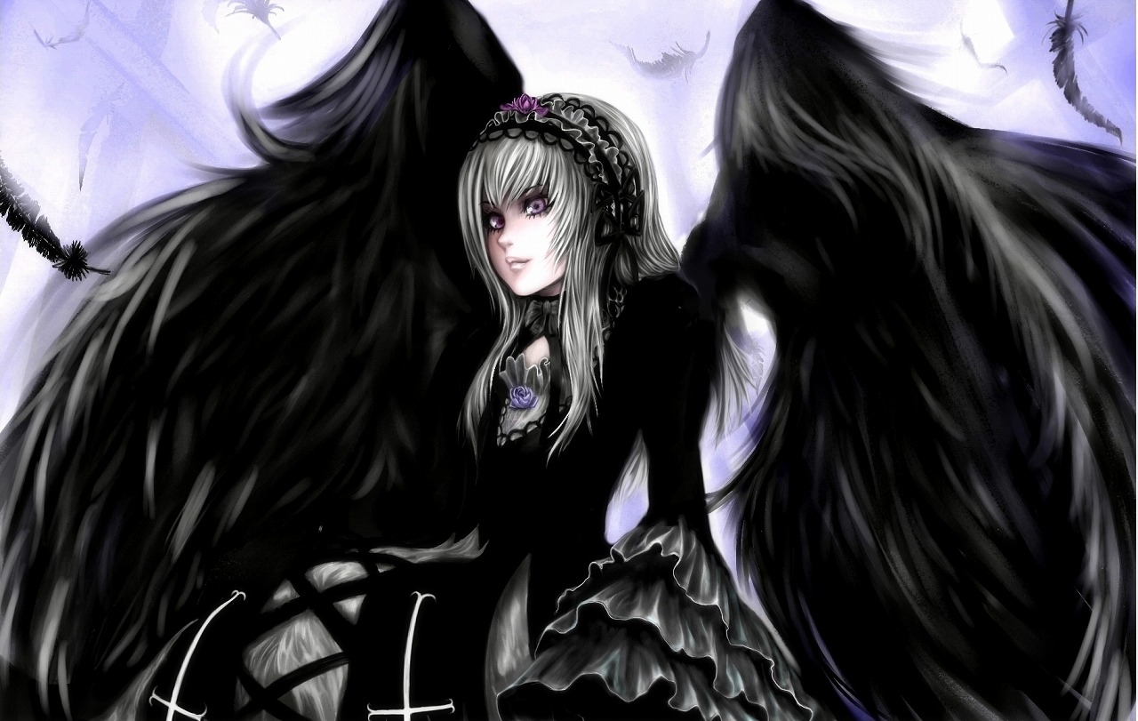 1girl auto_tagged bird black_dress black_wings commentary_request dress feathered_wings feathers fledada flower frills hairband image long_hair long_sleeves looking_at_viewer purple_eyes rose rozen_maiden silver_hair solo suigintou very_long_hair wings